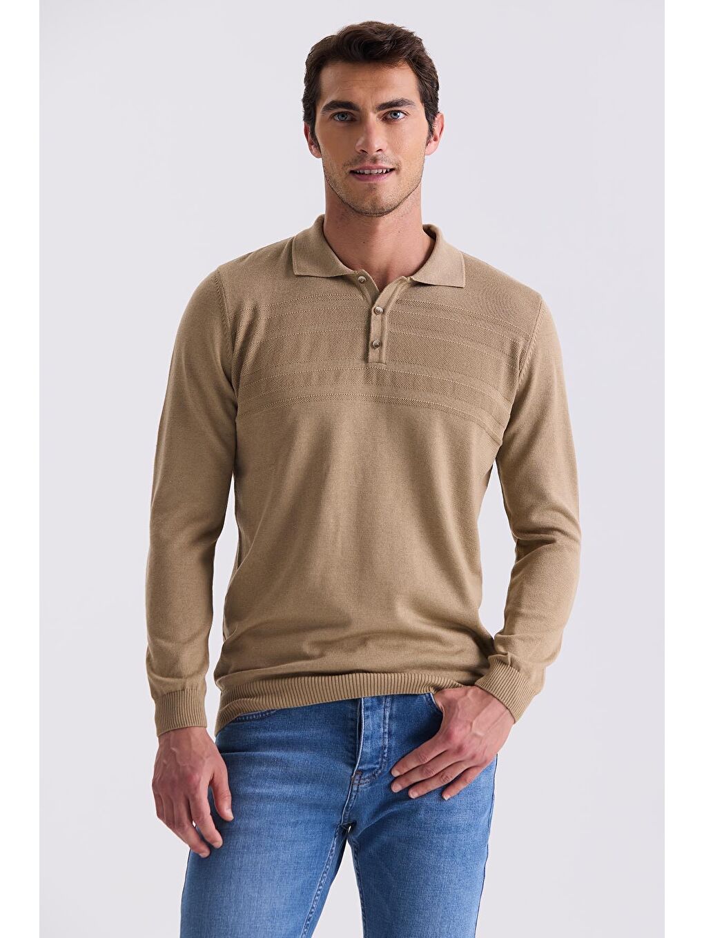 Bej Classic Fit Düğme Detaylı Polo Yaka Triko Kazak