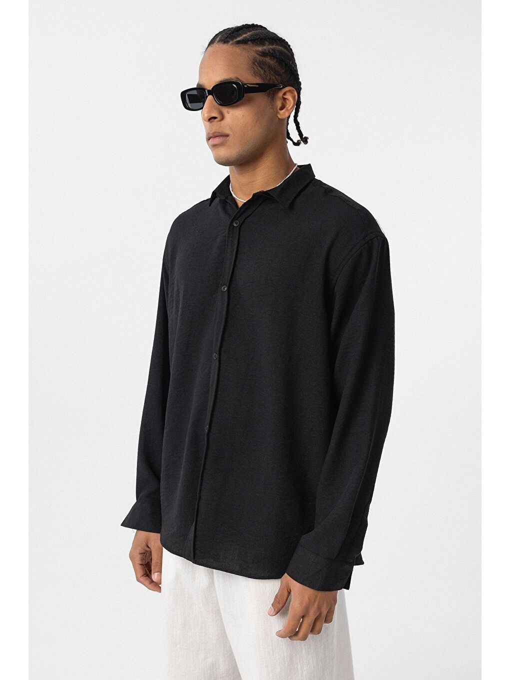 Basic Oversize Uzun Kol Keten Görünümlü Gömlek Siyah-2