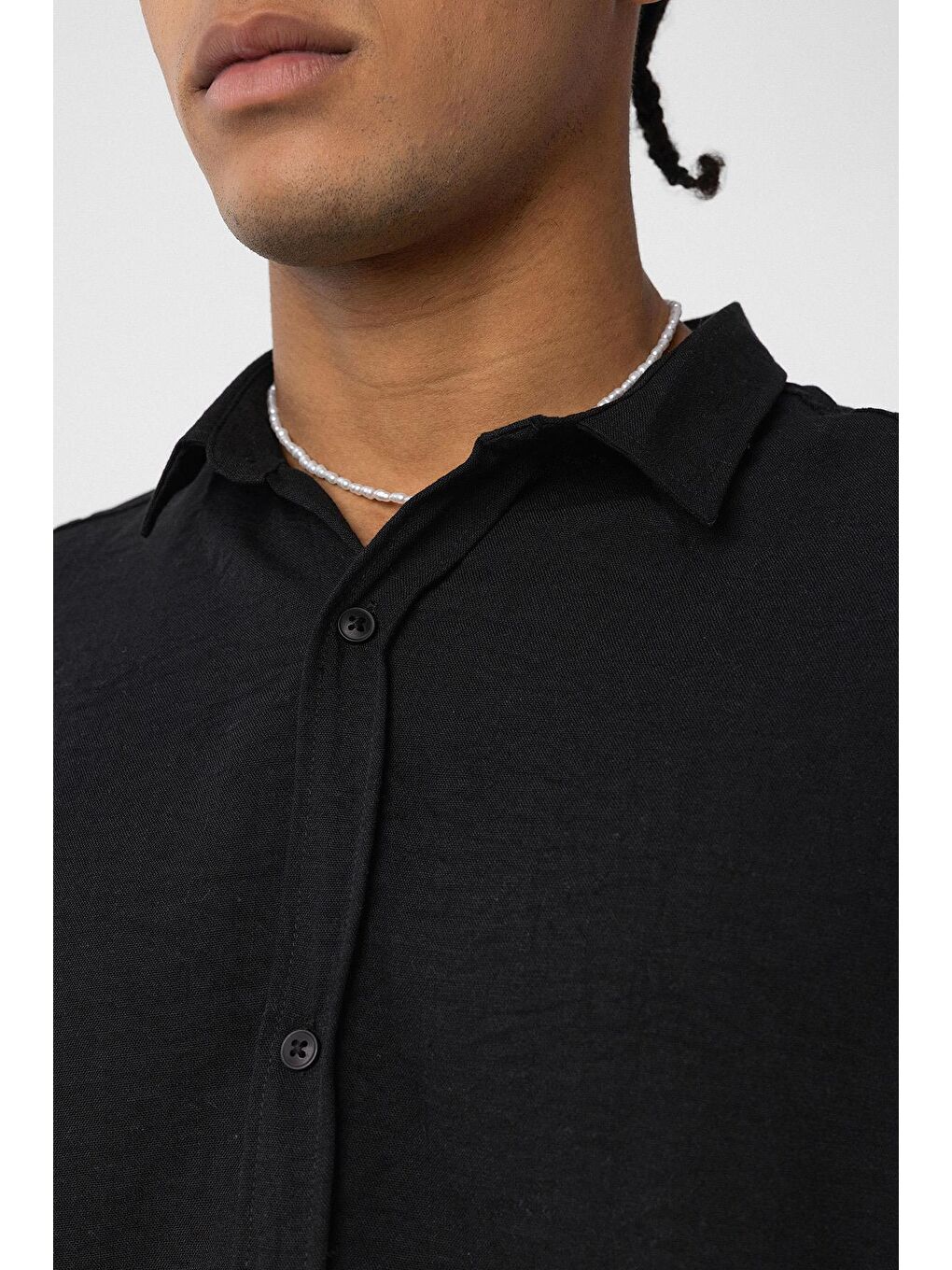 Basic Oversize Uzun Kol Keten Görünümlü Gömlek Siyah-3