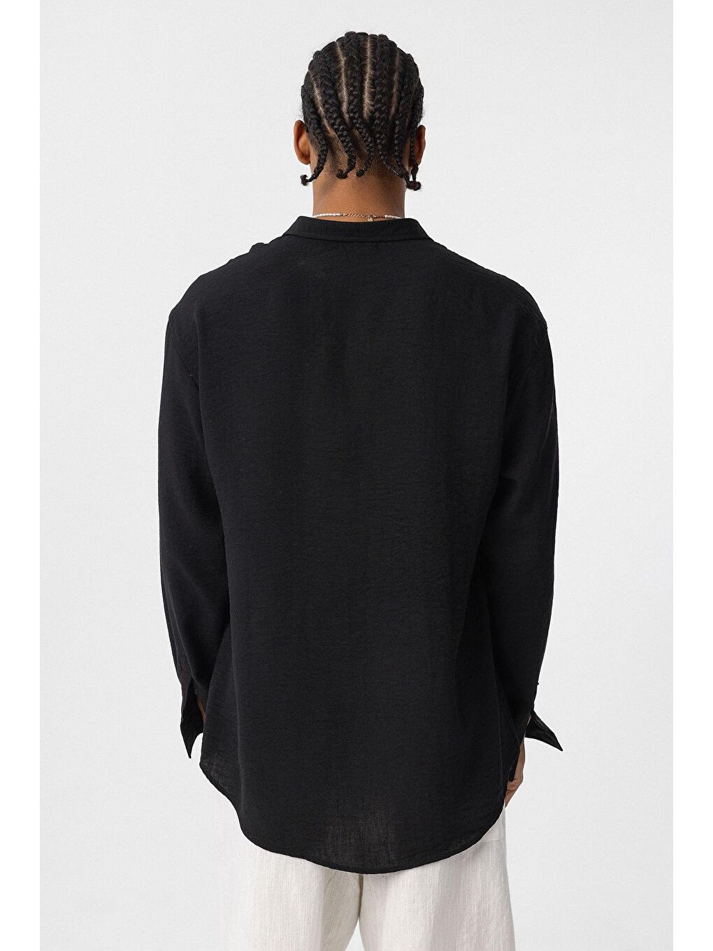 Basic Oversize Uzun Kol Keten Görünümlü Gömlek Siyah-4