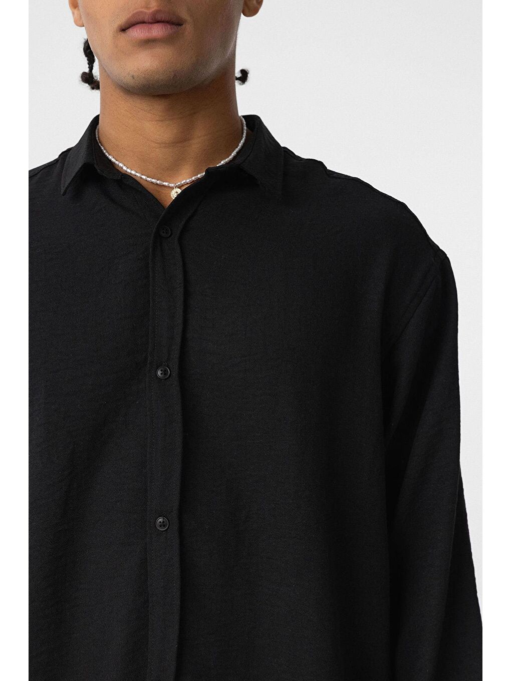 Basic Oversize Uzun Kol Keten Görünümlü Gömlek Siyah-5