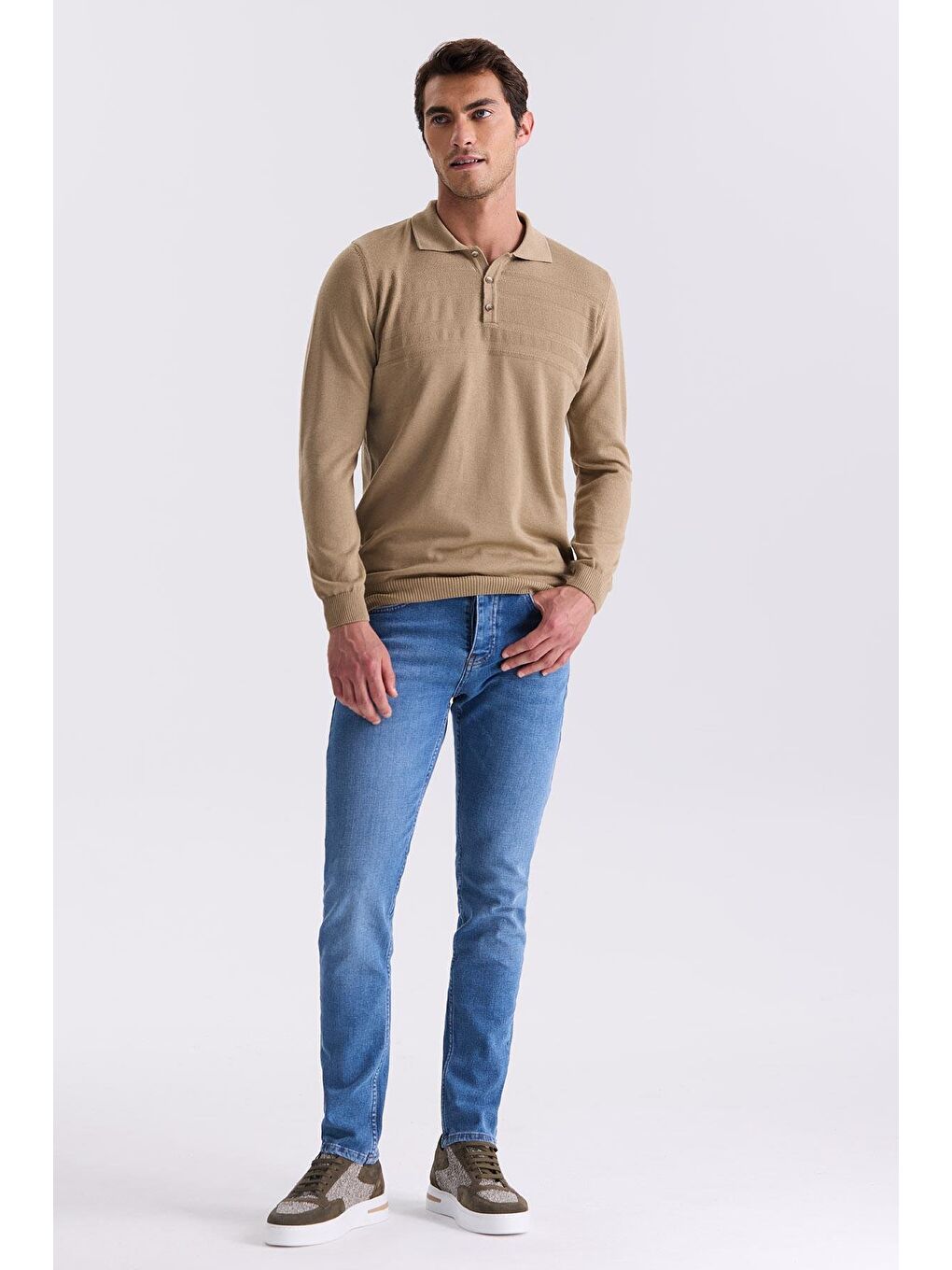 Bej Classic Fit Düğme Detaylı Polo Yaka Triko Kazak-1