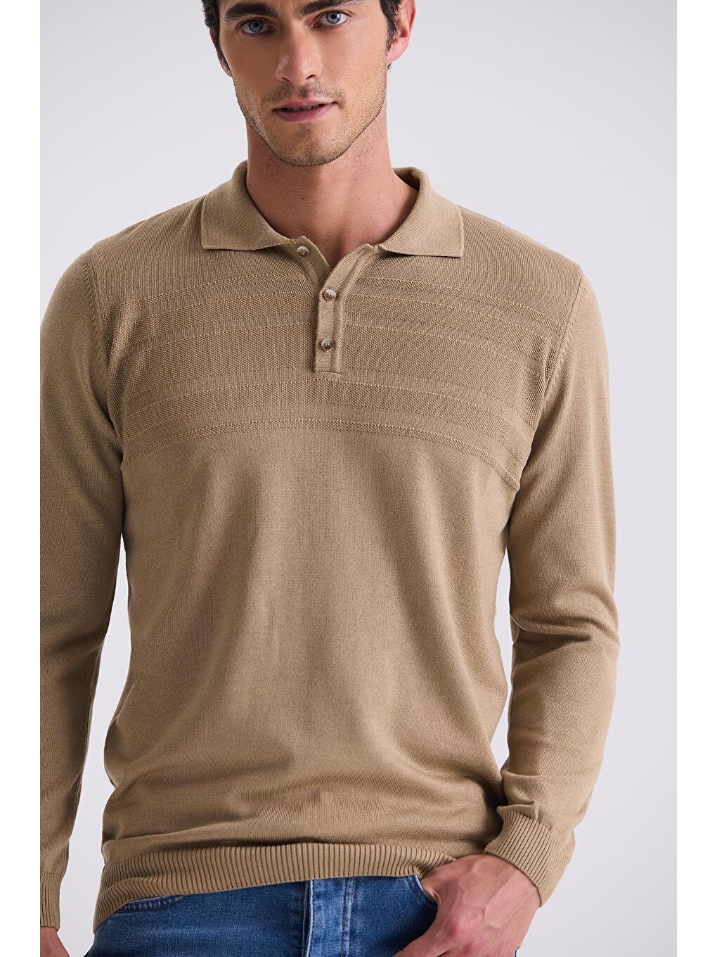 Bej Classic Fit Düğme Detaylı Polo Yaka Triko Kazak-2