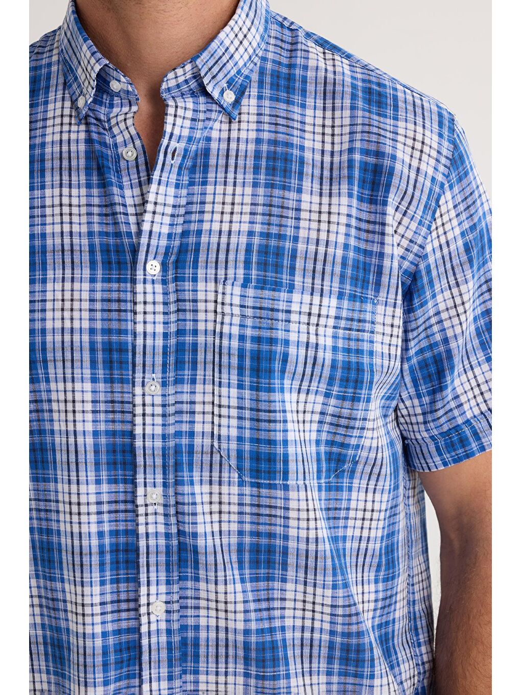 Karışık Erkek Regular Fit Klasik Kesim %100 Pamuk Keten Doku Cepli Kareli Kısa Kollu Düğmeli Yaka Gömlek-2