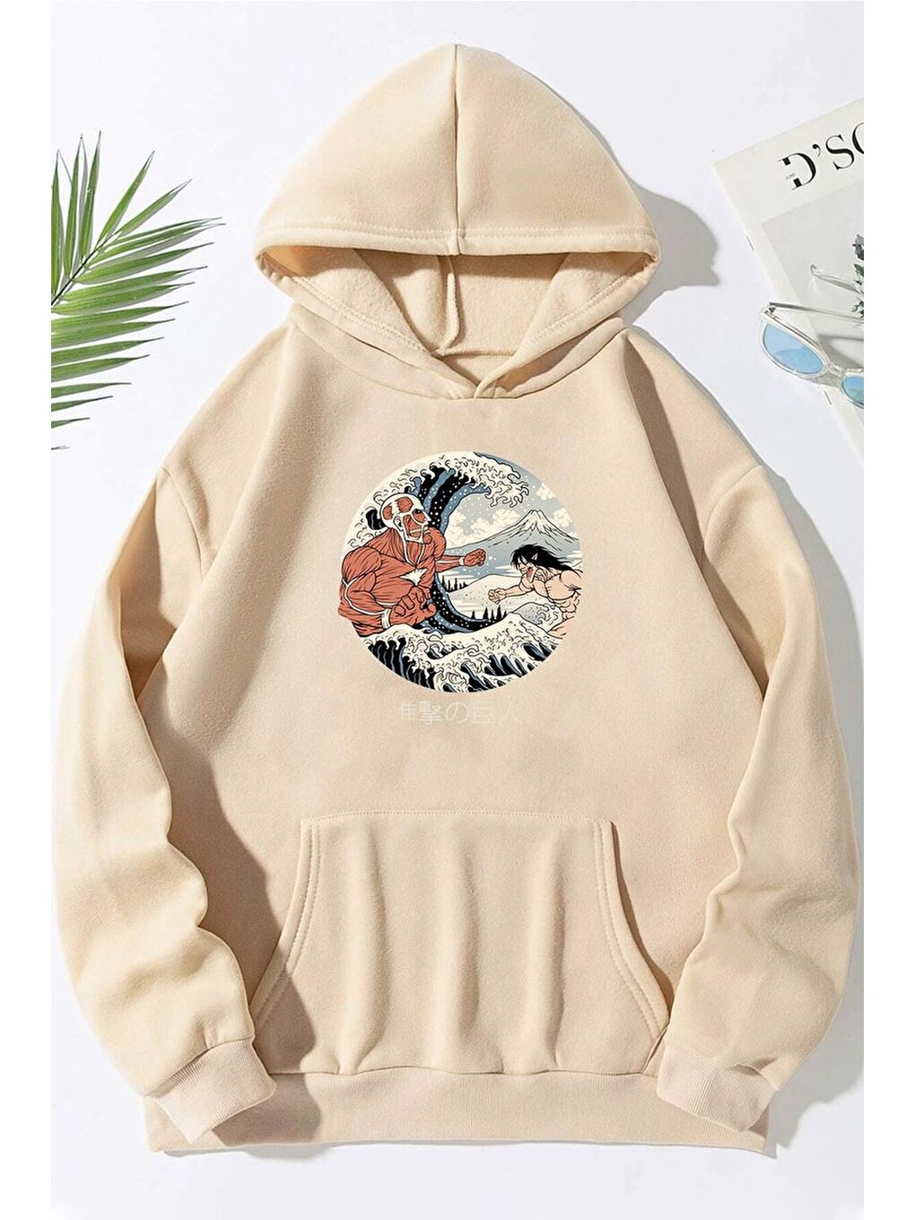 uyguntarz Bej Unisex Kanagawa Oki Nami Ura Baskılı Sweatshirt