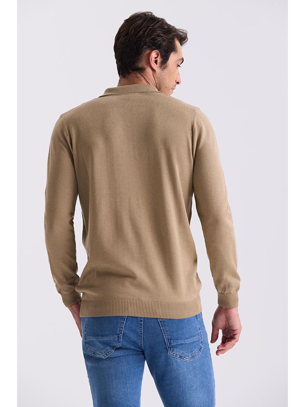 Bej Classic Fit Düğme Detaylı Polo Yaka Triko Kazak-3