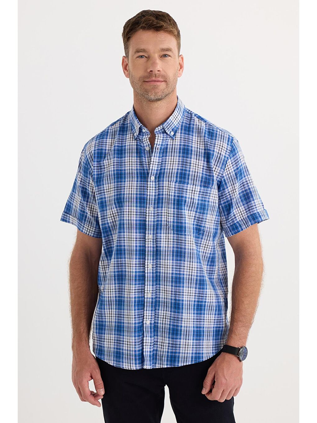 Karışık Erkek Regular Fit Klasik Kesim %100 Pamuk Keten Doku Cepli Kareli Kısa Kollu Düğmeli Yaka Gömlek-3