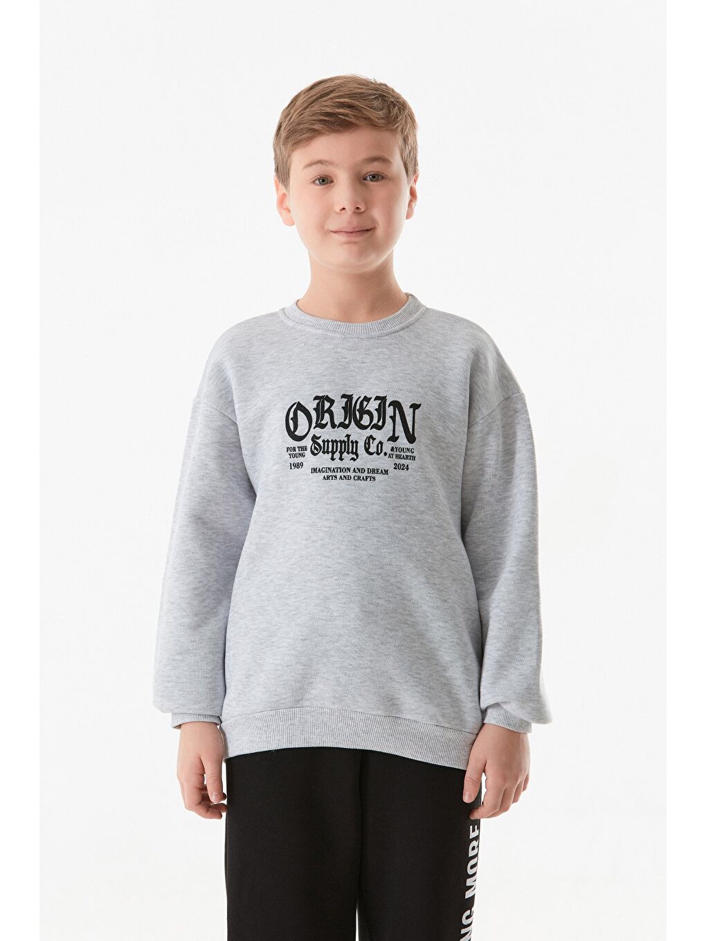 Fullamoda Gri 3 İplik Origin Yazı Baskılı Erkek Çocuk Sweatshirt