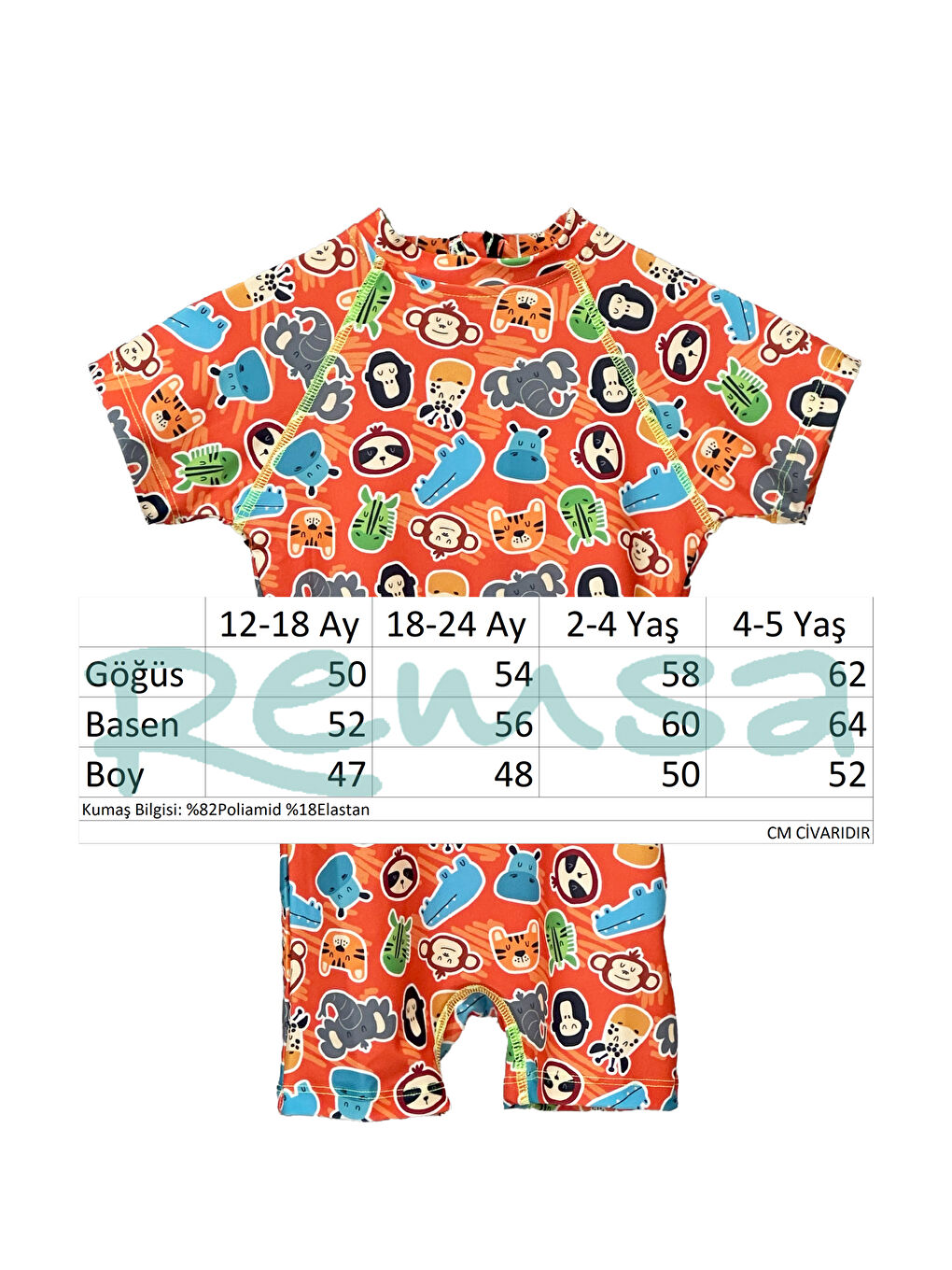 Turuncu UV Korumalı Tulum Kısa Kollu Şortlu Çocuk Bebek Yüzücü Mayo C64 Zoo-2