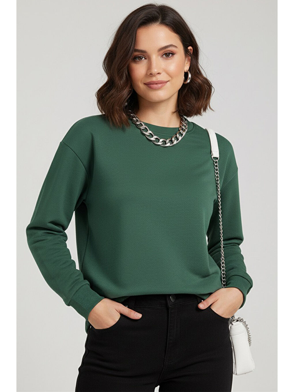 Yeşil Kadın Bisiklet Yaka Oversize Sweatshirt Zümrüt - 27955-ZUMRUT-1