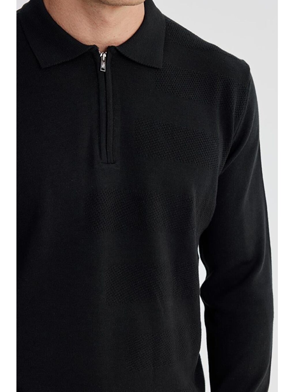 Siyah Slim Fit Pamuklu Desenli Fermuarlı Polo Yaka Triko Kazak-2