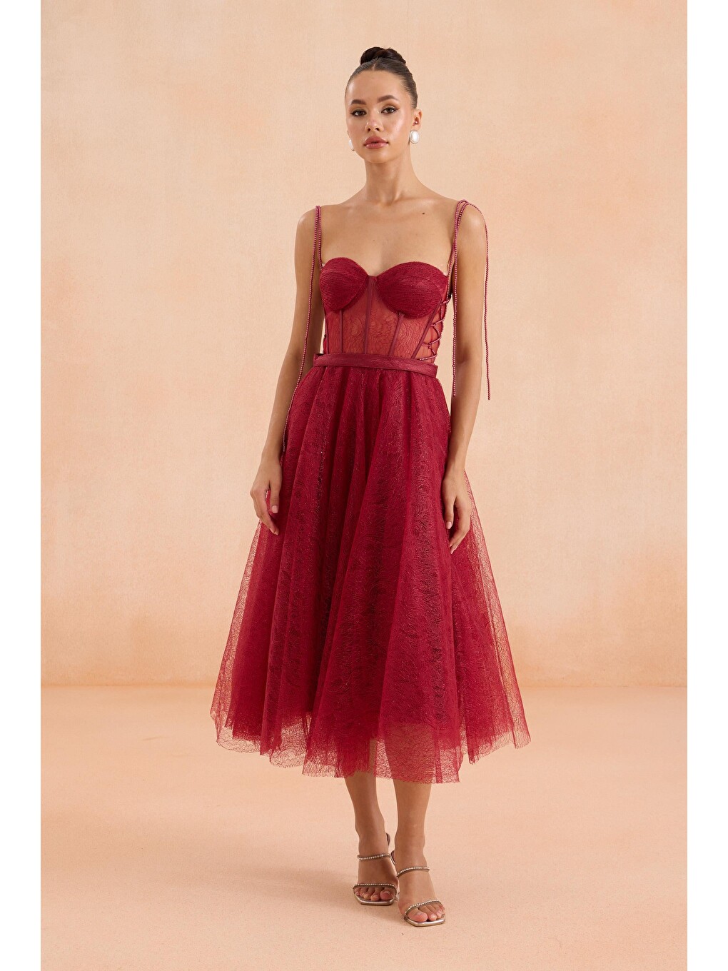 Bordo Midi Dantelli Abiye Elbise-1