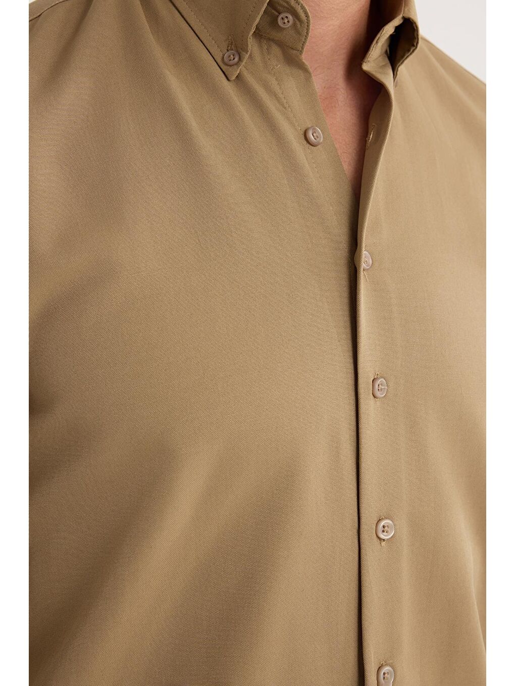Bej Regular Fit Düğmeli Yaka Pamuklu Kolay Ütü Oxford Düz Erkek Vizon Gömlek-2
