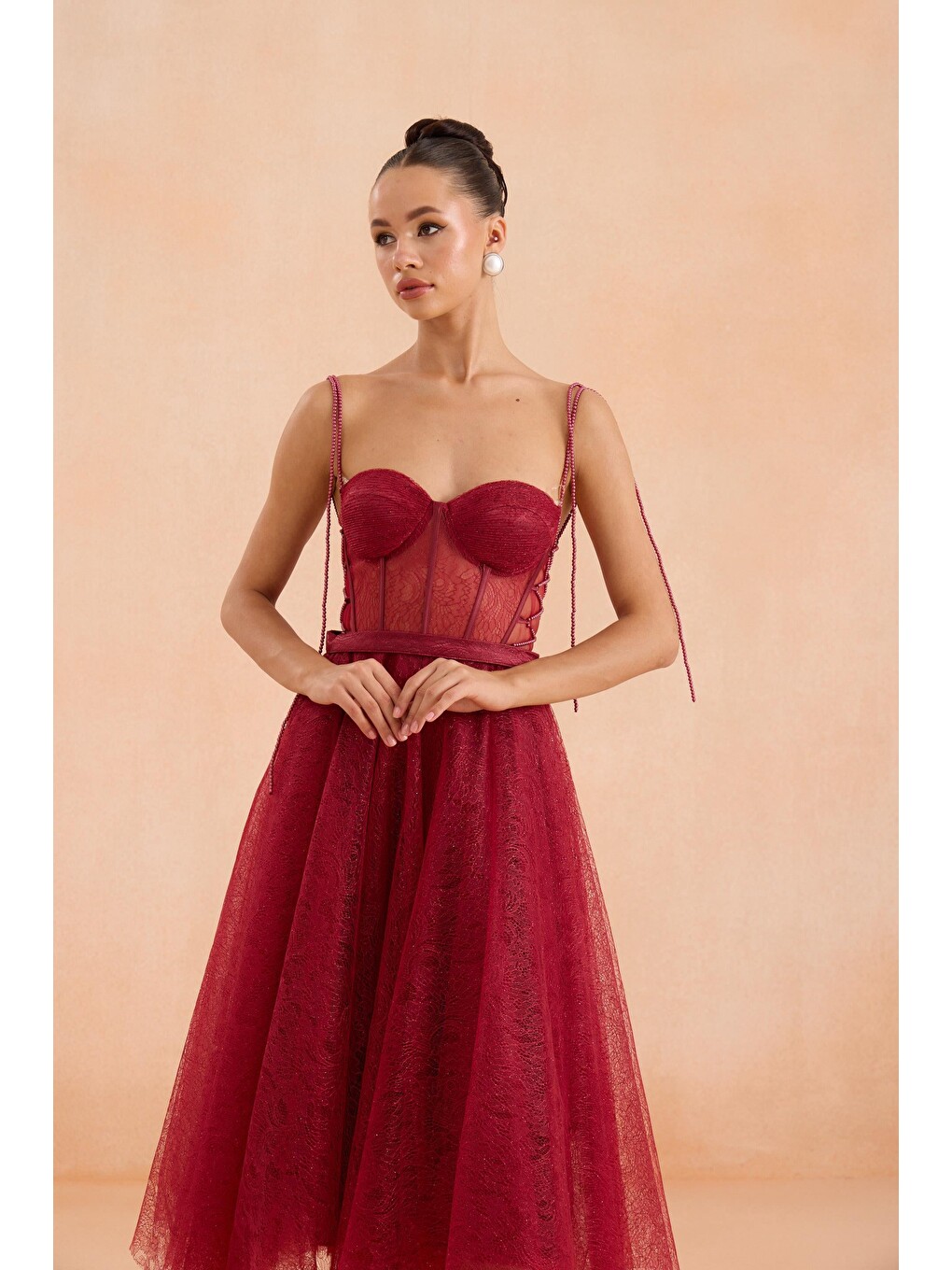 Bordo Midi Dantelli Abiye Elbise-2