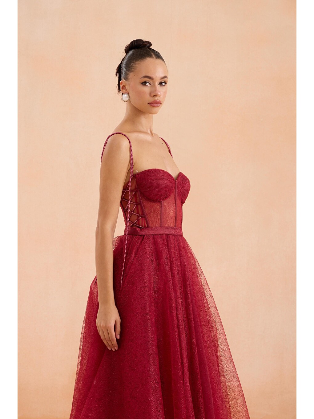 Bordo Midi Dantelli Abiye Elbise-3