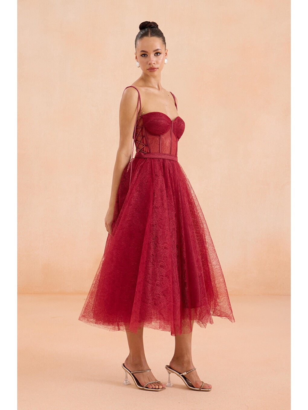 Bordo Midi Dantelli Abiye Elbise-4