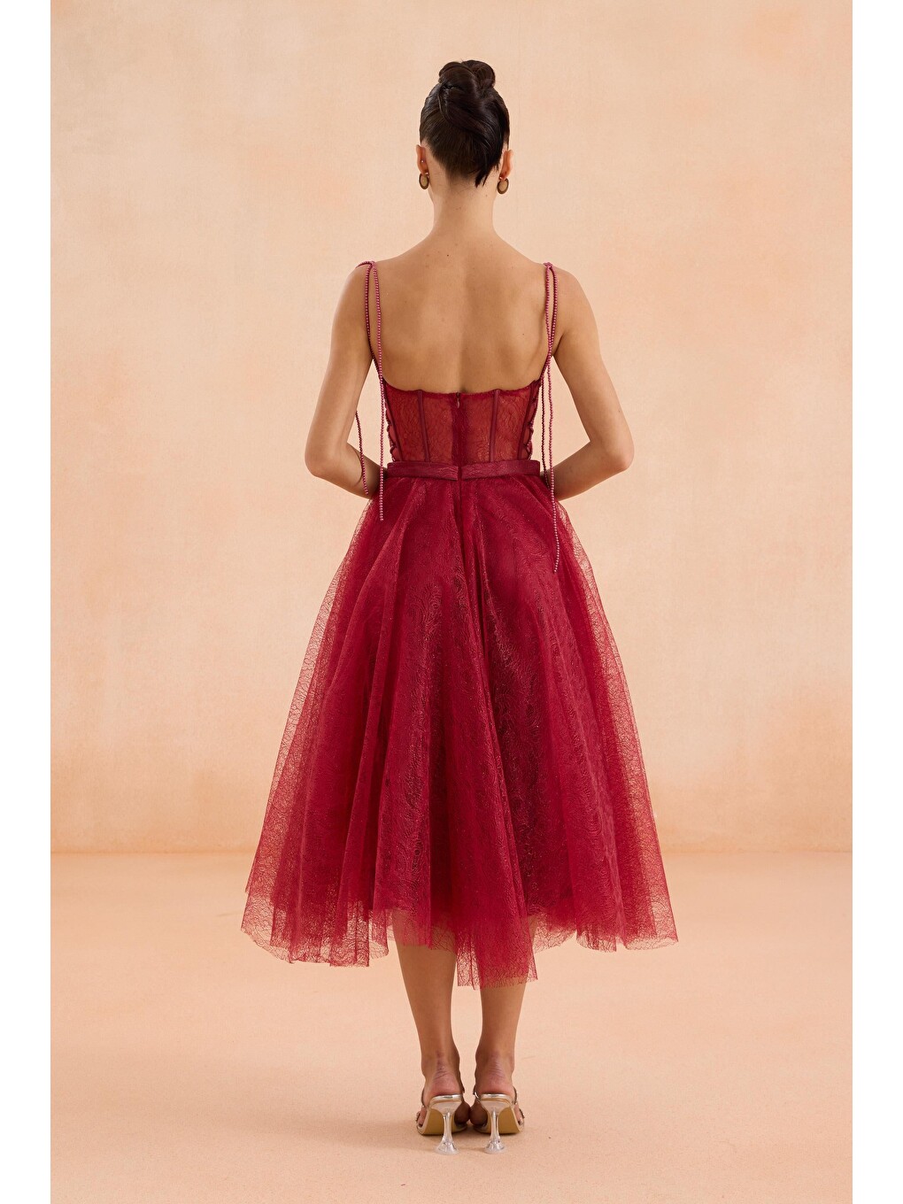 Bordo Midi Dantelli Abiye Elbise-5