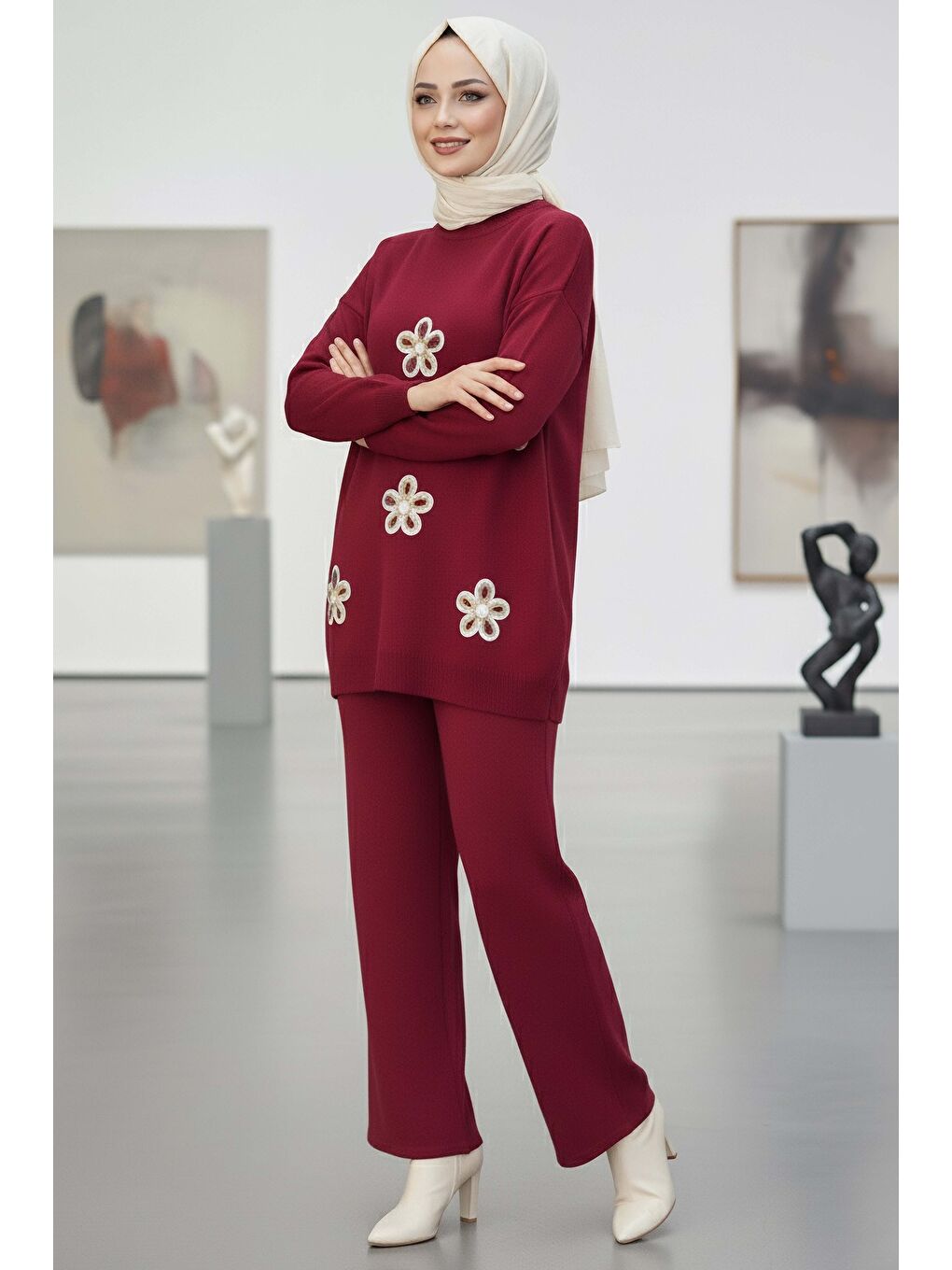 Çiçek Nakışlı İkili Triko Takım Bordo - 27998-BORDO