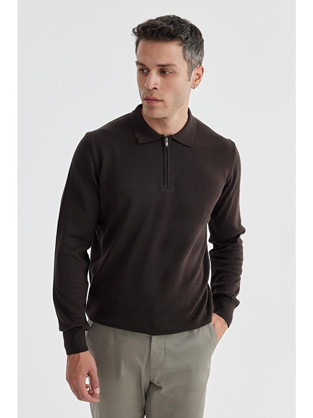 Kahverengi Kahve Slim Fit Pamuklu Desenli Fermuarlı Polo Yaka Triko Kazak-1