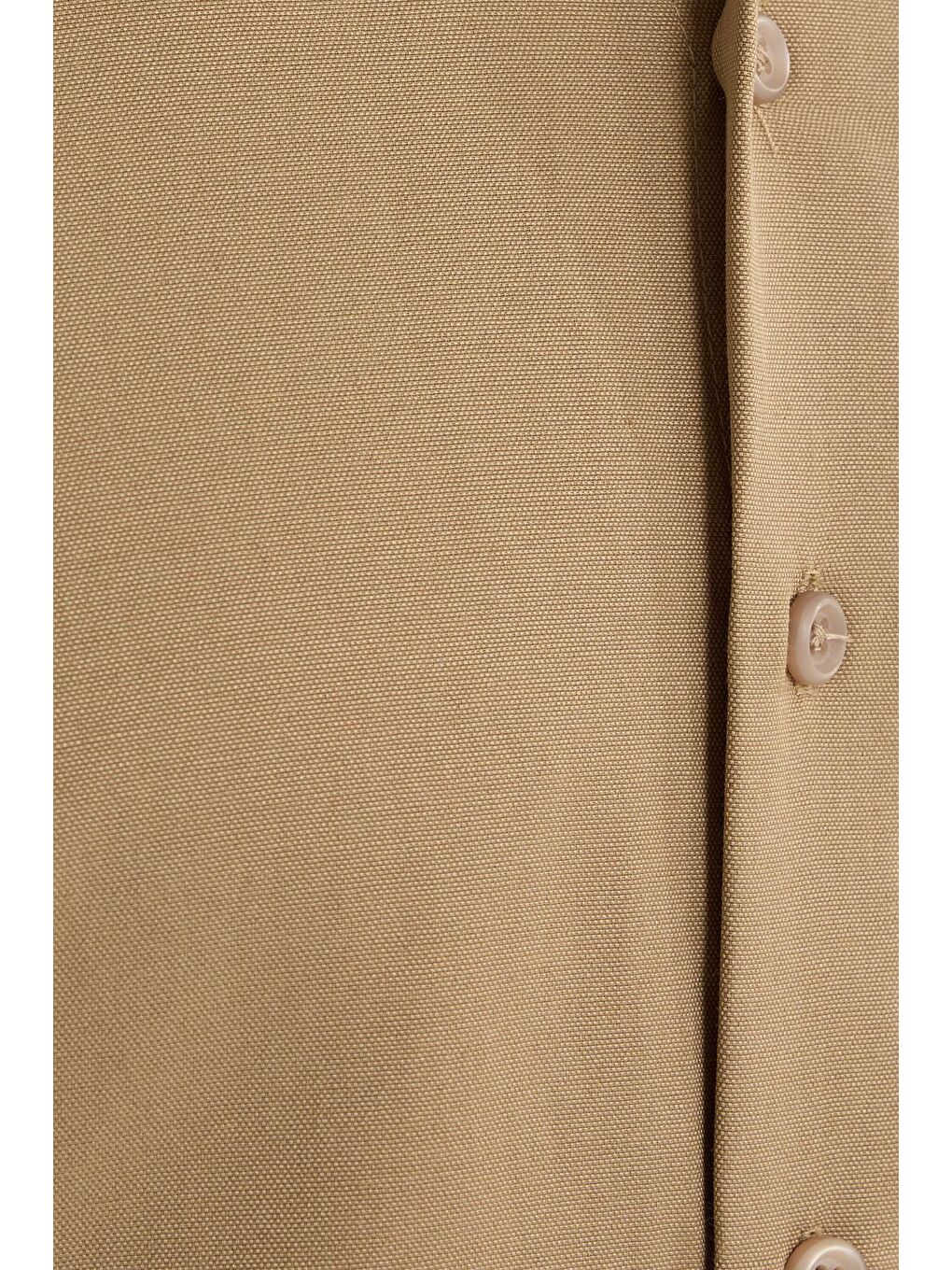 Bej Regular Fit Düğmeli Yaka Pamuklu Kolay Ütü Oxford Düz Erkek Vizon Gömlek-5