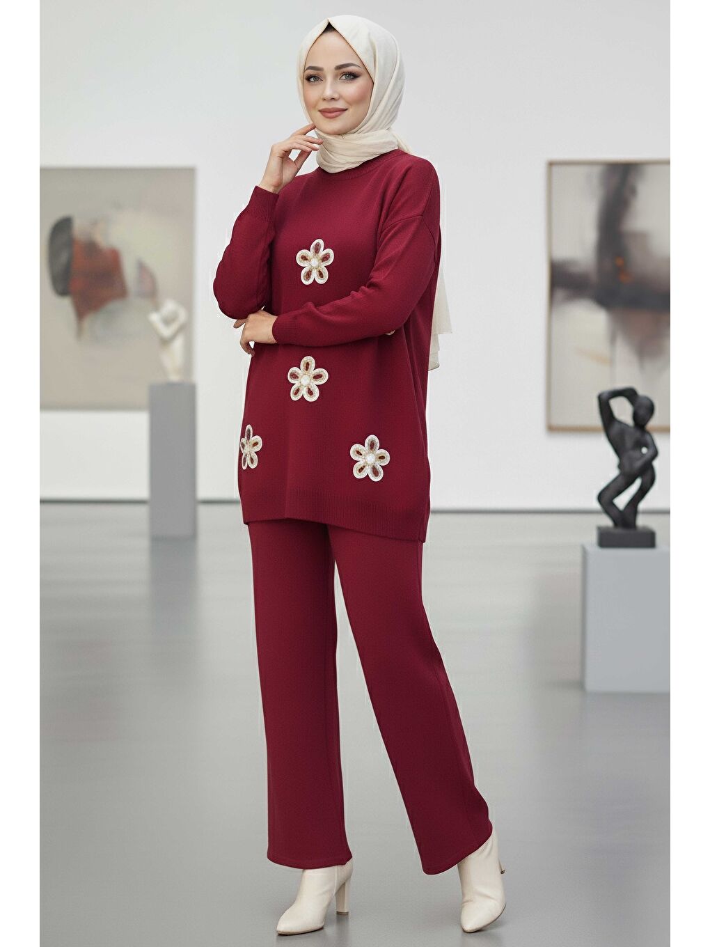 Çiçek Nakışlı İkili Triko Takım Bordo - 27998-BORDO-1