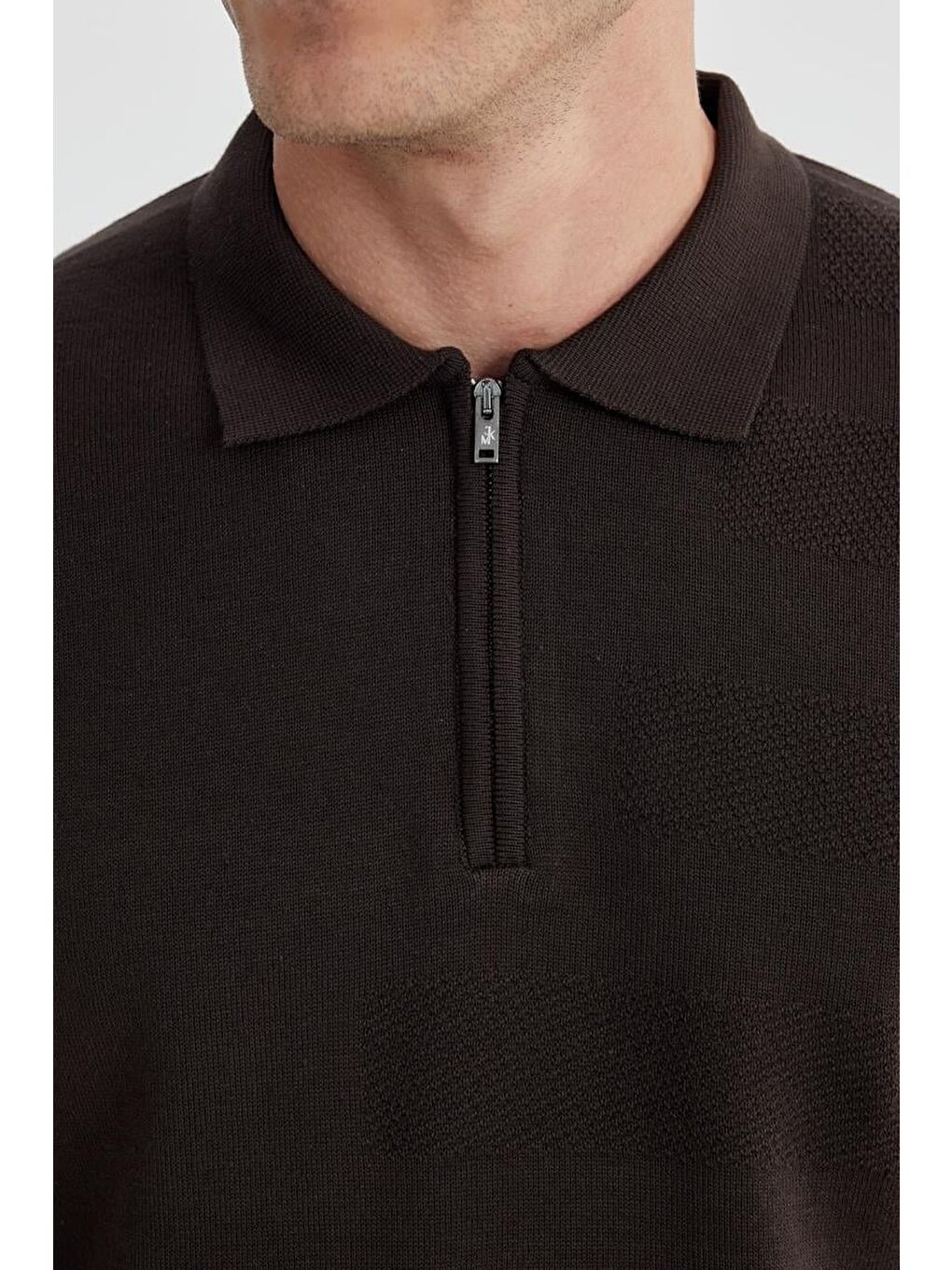 Kahverengi Kahve Slim Fit Pamuklu Desenli Fermuarlı Polo Yaka Triko Kazak-2
