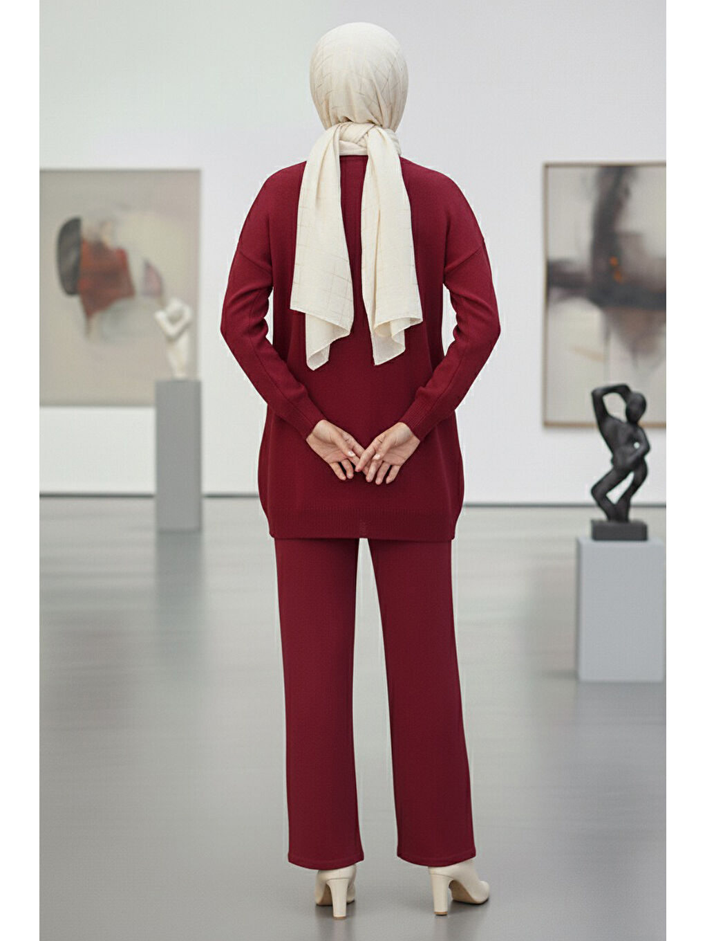 Çiçek Nakışlı İkili Triko Takım Bordo - 27998-BORDO-2