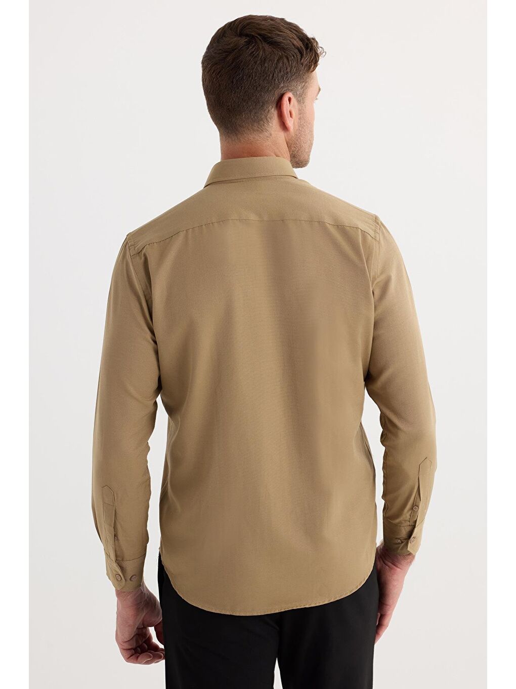 Bej Regular Fit Düğmeli Yaka Pamuklu Kolay Ütü Oxford Düz Erkek Vizon Gömlek-6