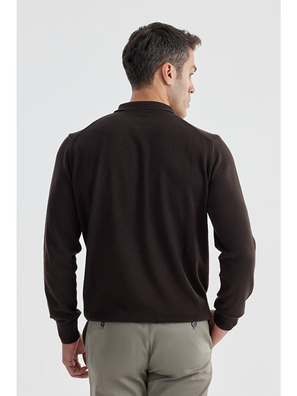 Kahverengi Kahve Slim Fit Pamuklu Desenli Fermuarlı Polo Yaka Triko Kazak-3