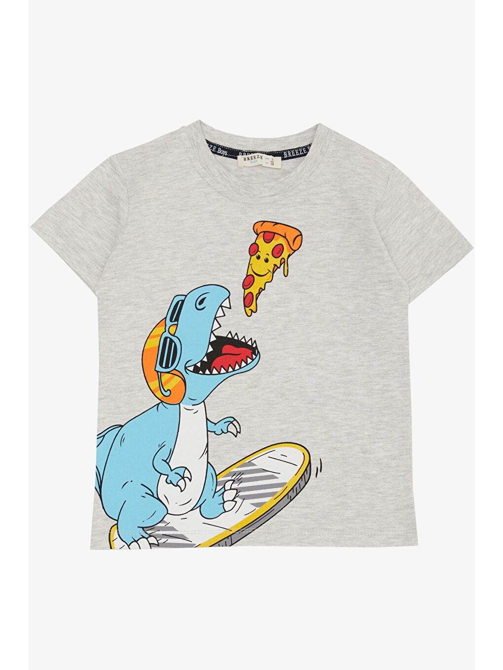 Bej Erkek Çocuk Tişört Pizza Yiyen Mutlu Dinozor Baskılı Açık Gri Melanj (2-3 Yaş)