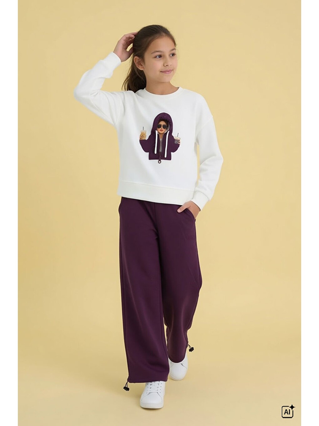 Bordo Kız Çocuk Hoodie Detaylı Sweatshirt Geniş Paça Eşofman Takımı 24781-1