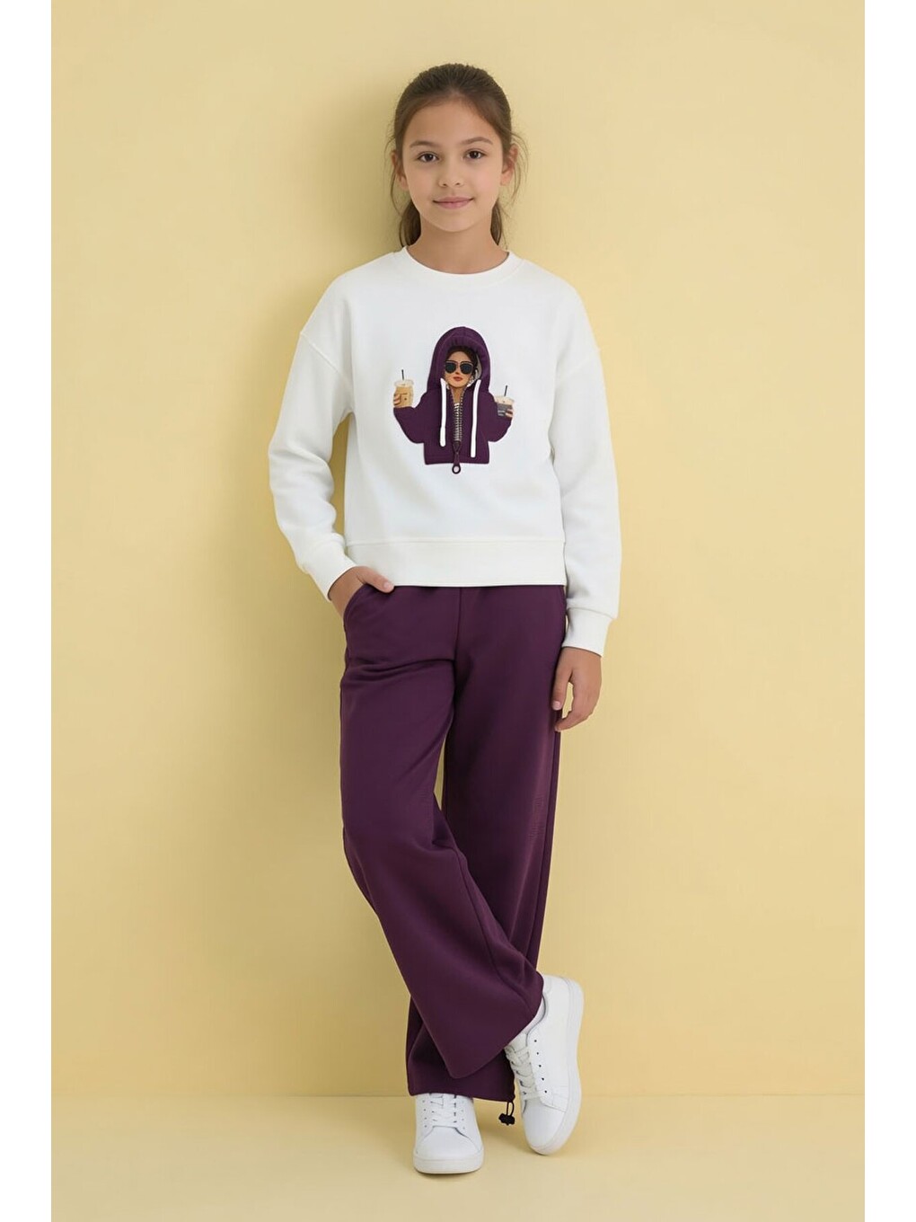 Bordo Kız Çocuk Hoodie Detaylı Sweatshirt Geniş Paça Eşofman Takımı 24781-2
