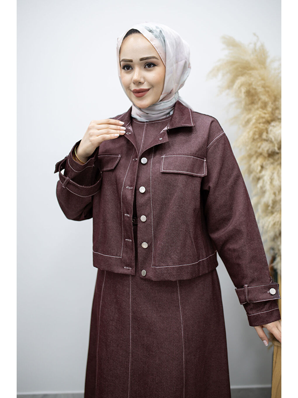 Kemerli Ceketli Denim Elbise TSD260164 Bordo-1