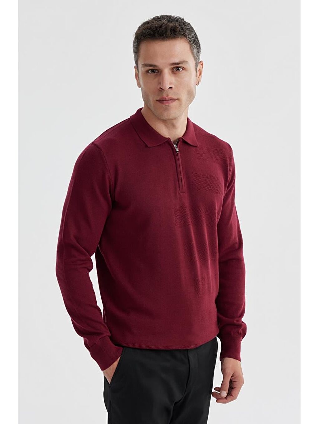 Bordo Slim Fit Pamuklu Desenli Fermuarlı Polo Yaka Triko Kazak