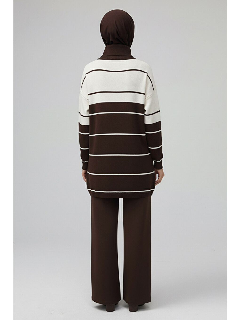 Kahverengi Çizgili Fermuarlı Triko Takım Kahve - 27997-KAHVE-2