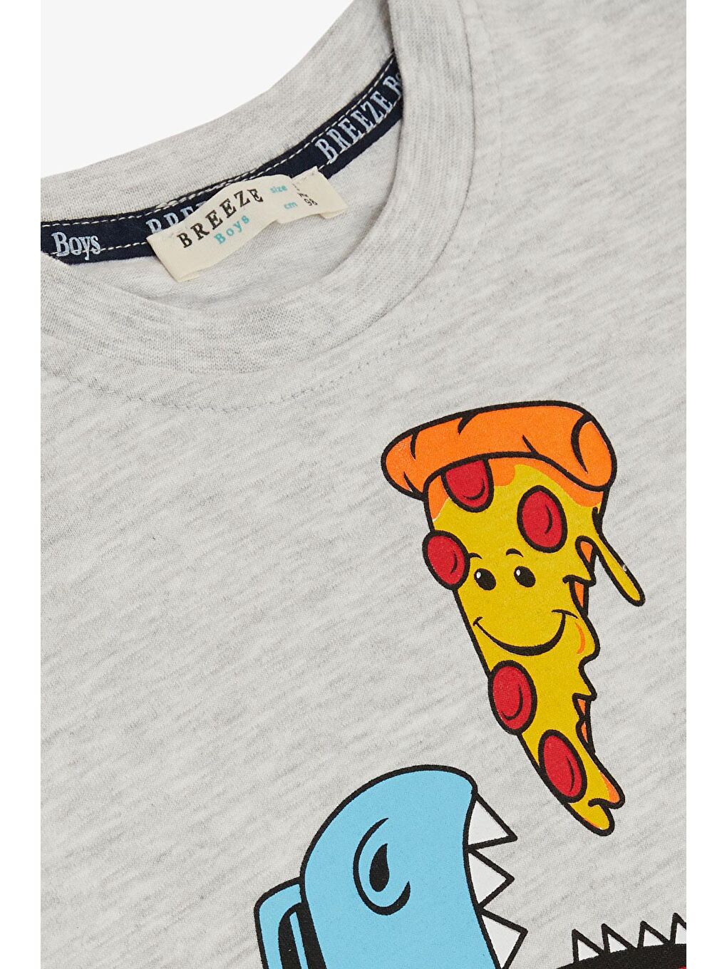 Bej Erkek Çocuk Tişört Pizza Yiyen Mutlu Dinozor Baskılı Açık Gri Melanj (2-3 Yaş)-2