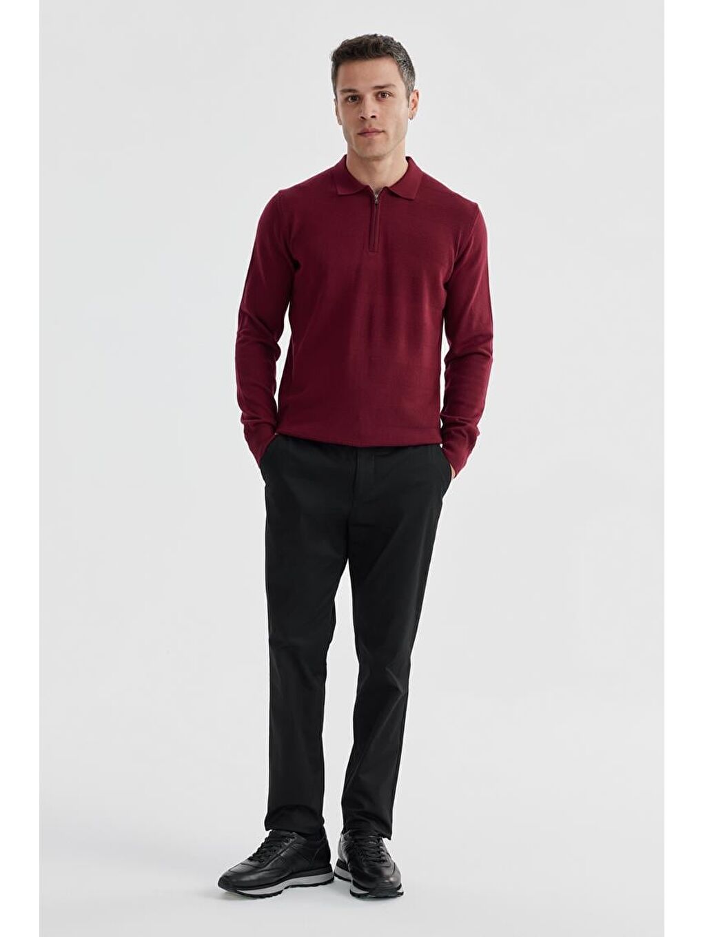Bordo Slim Fit Pamuklu Desenli Fermuarlı Polo Yaka Triko Kazak-1