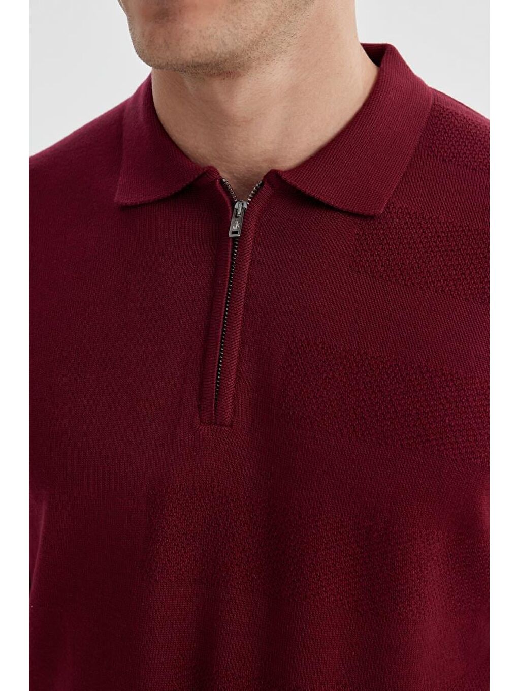 Bordo Slim Fit Pamuklu Desenli Fermuarlı Polo Yaka Triko Kazak-2