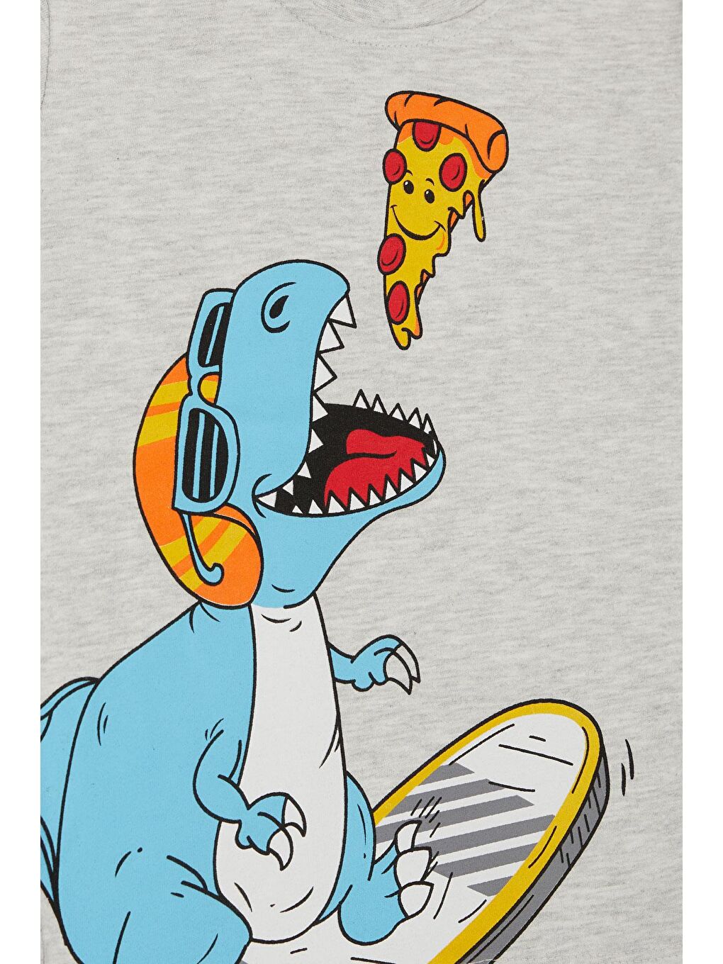 Bej Erkek Çocuk Tişört Pizza Yiyen Mutlu Dinozor Baskılı Açık Gri Melanj (2-3 Yaş)-3