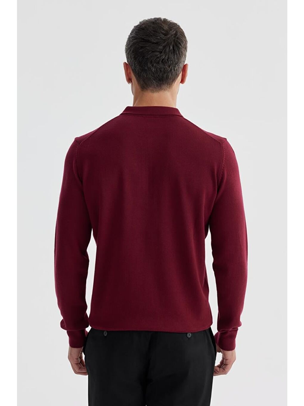 Bordo Slim Fit Pamuklu Desenli Fermuarlı Polo Yaka Triko Kazak-3
