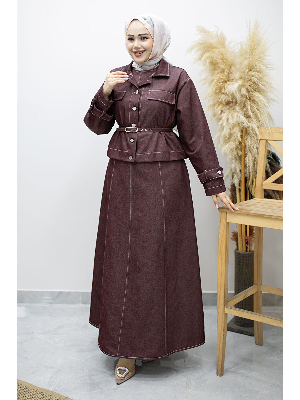 Kemerli Ceketli Denim Elbise TSD260164 Bordo-2