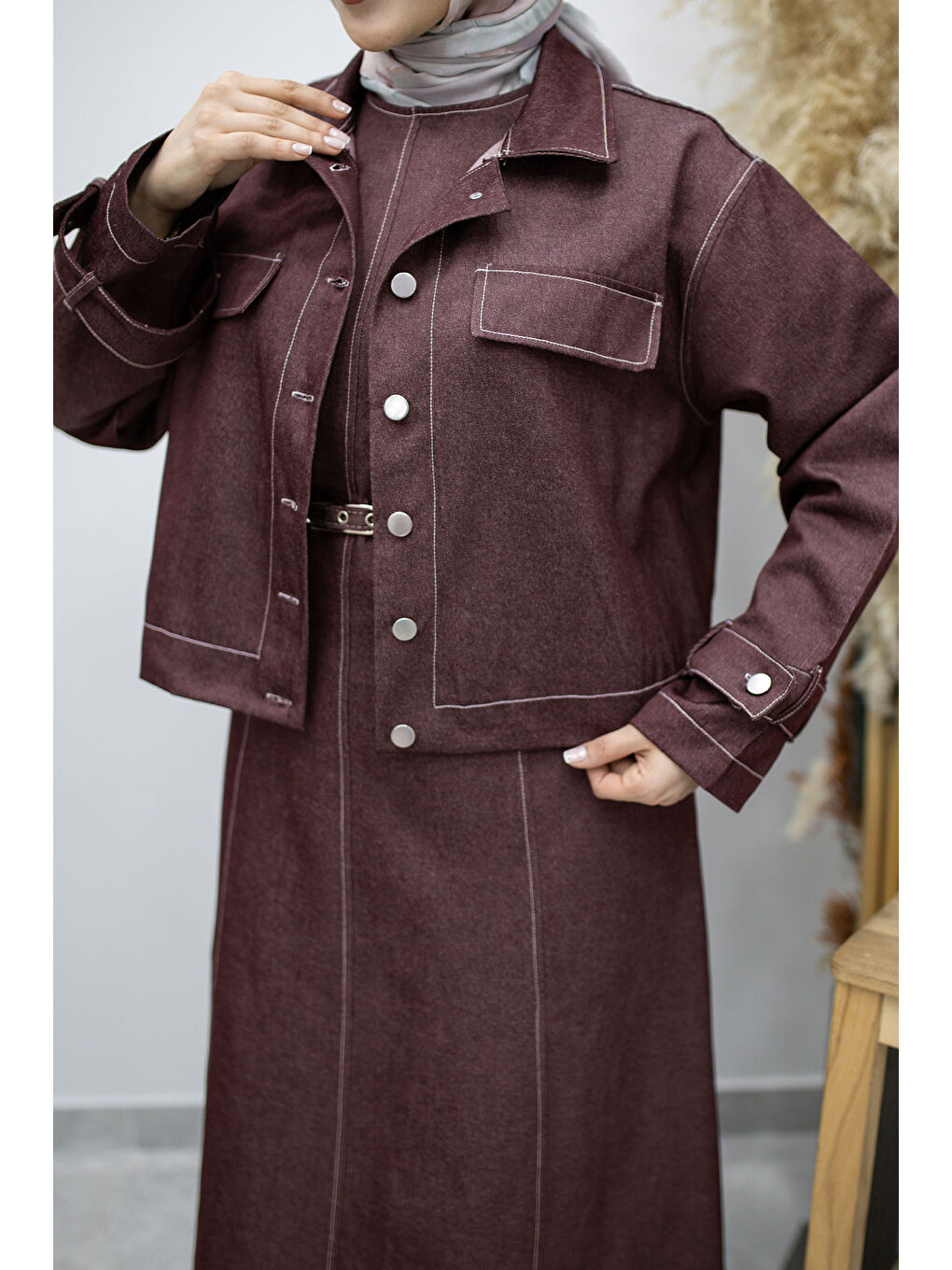 Kemerli Ceketli Denim Elbise TSD260164 Bordo-3