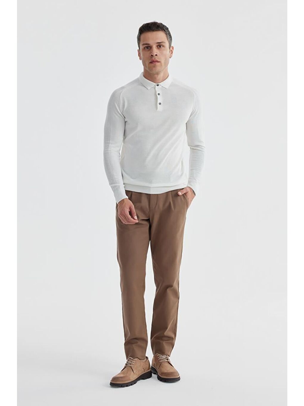 Ekru Slim Fit Yünlü Desenli Polo Yaka Triko-1