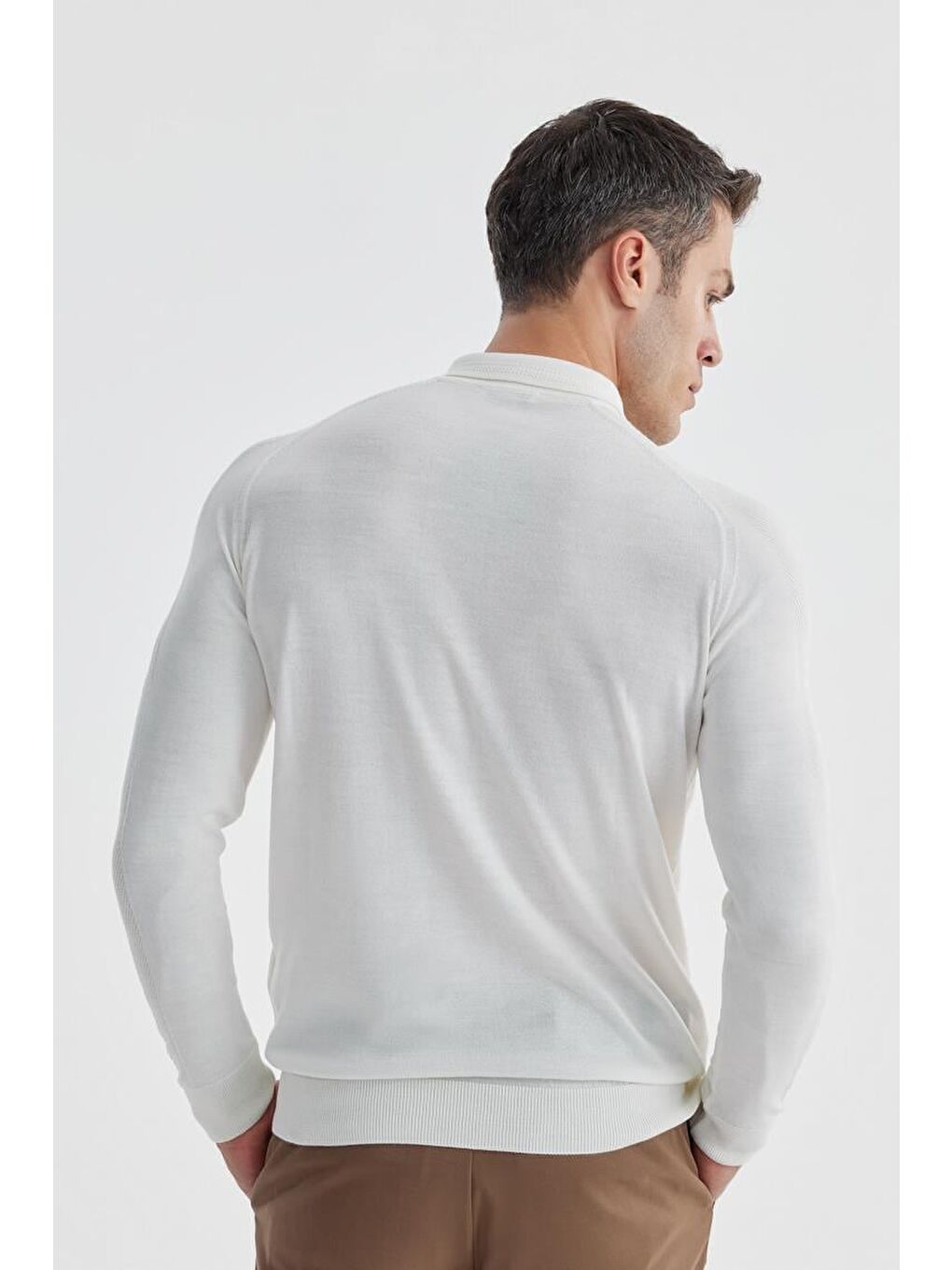 Ekru Slim Fit Yünlü Desenli Polo Yaka Triko-2