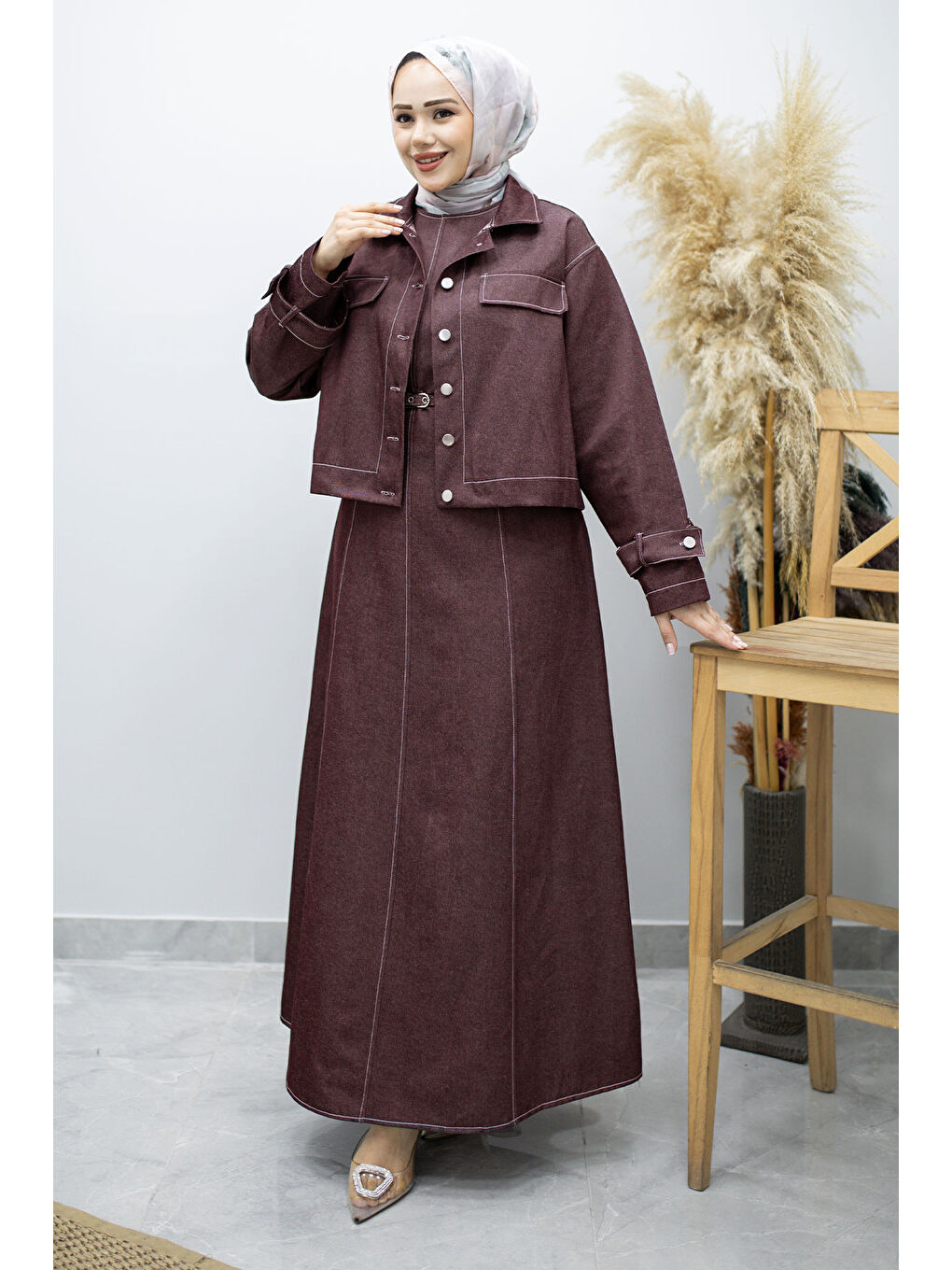 Kemerli Ceketli Denim Elbise TSD260164 Bordo-4