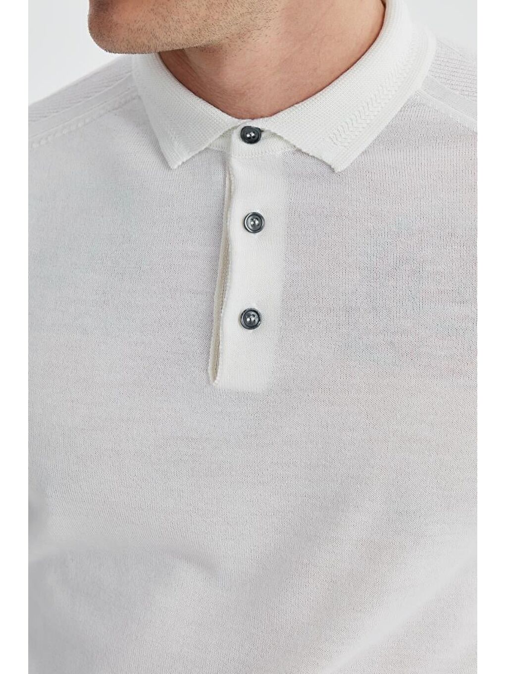 Ekru Slim Fit Yünlü Desenli Polo Yaka Triko-3