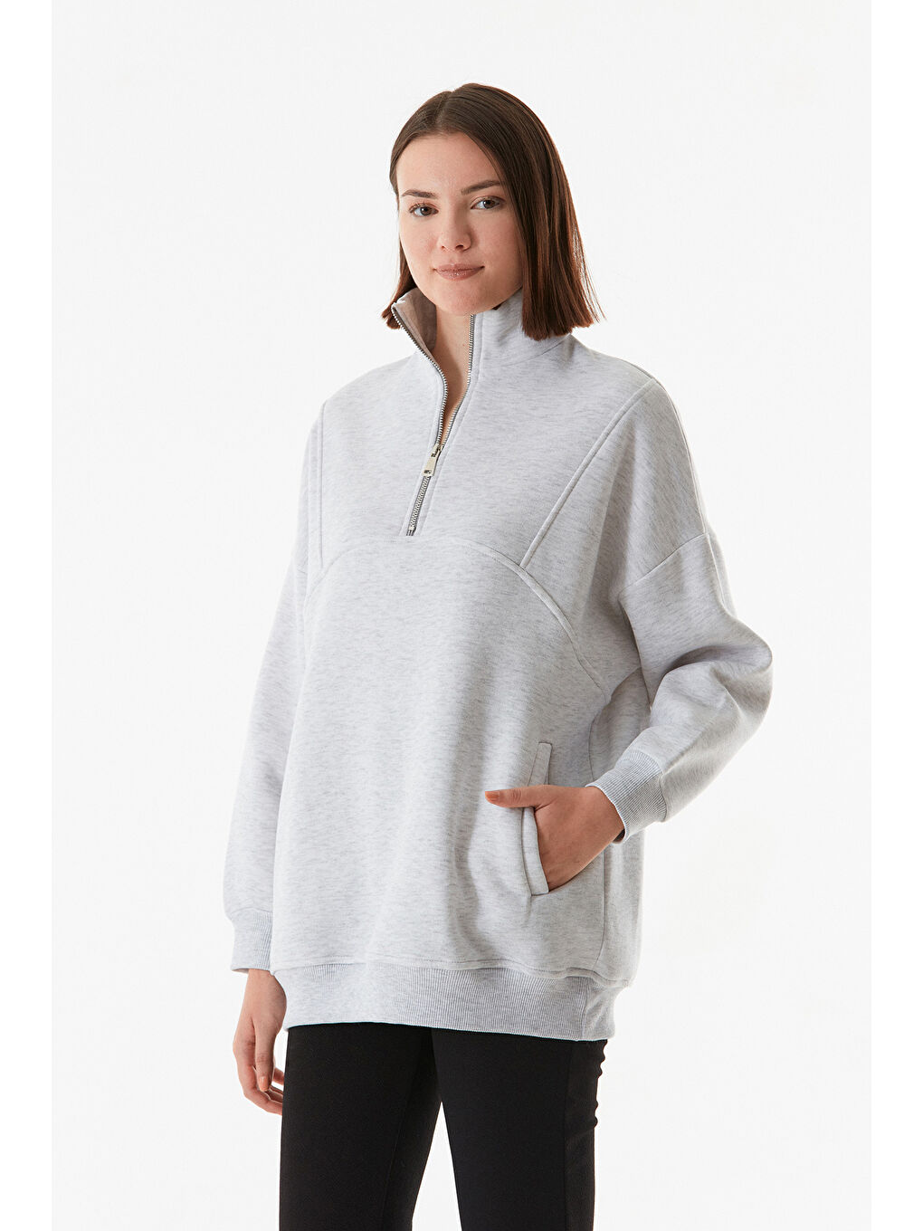 Fullamoda Gri Basic Yarım Fermuarlı Cepli Sweatshirt