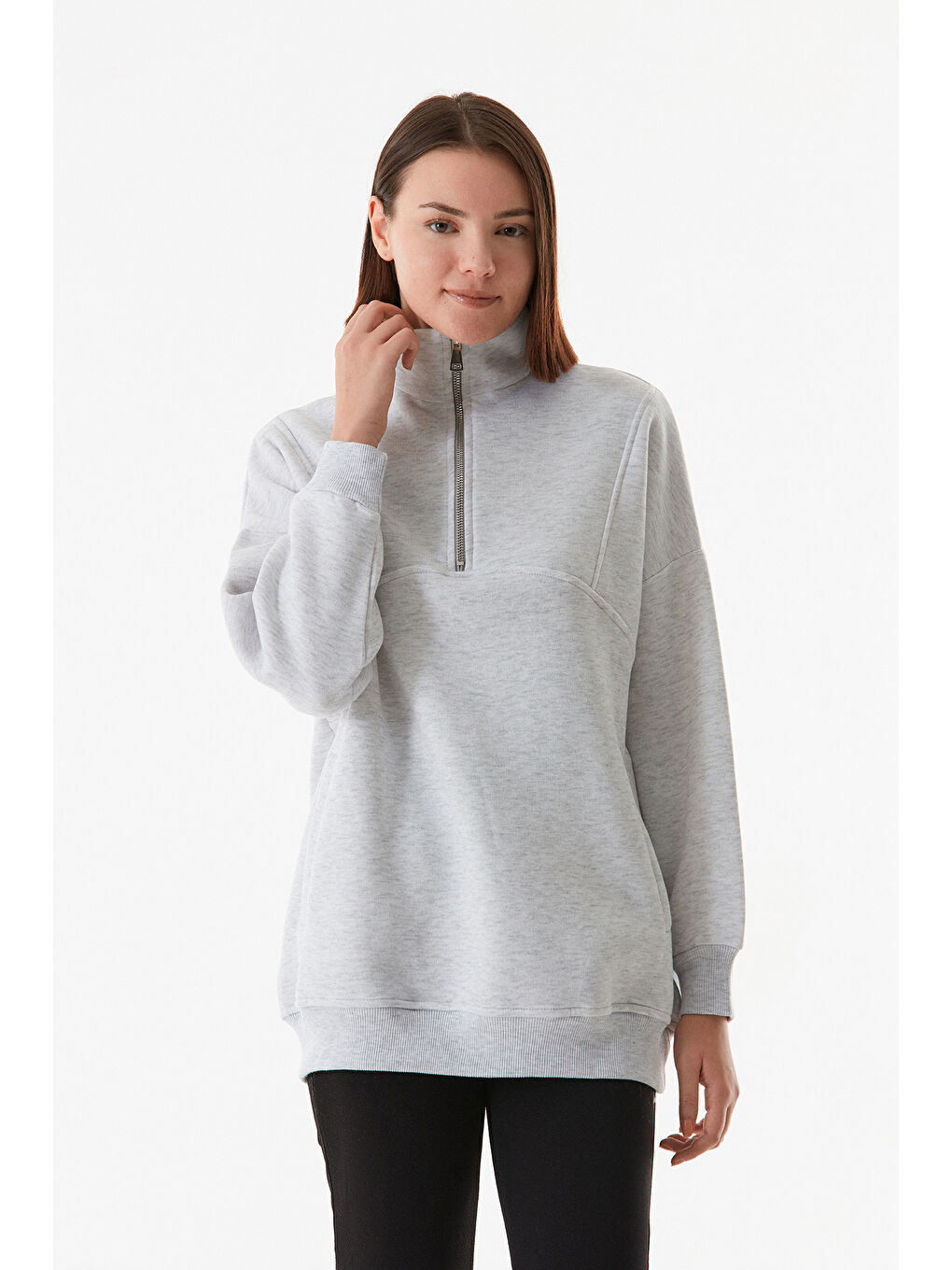 Fullamoda Gri Basic Yarım Fermuarlı Cepli Sweatshirt - 2