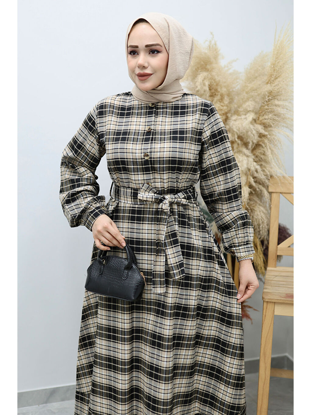 Kahverengi Önden Düğmeli Ekose Elbise TSD260131 Camel-1