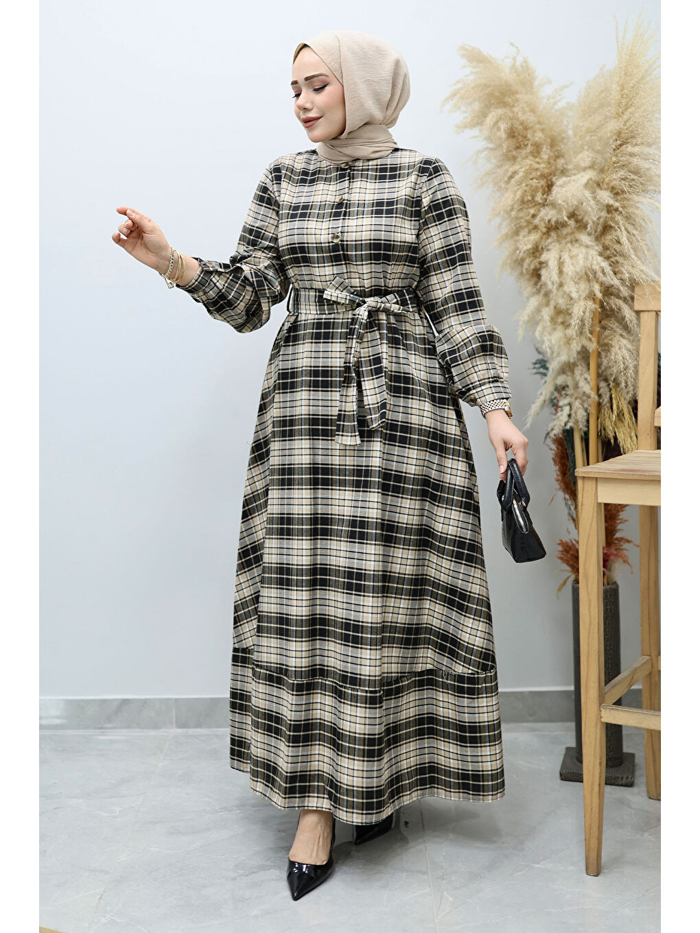Kahverengi Önden Düğmeli Ekose Elbise TSD260131 Camel-2